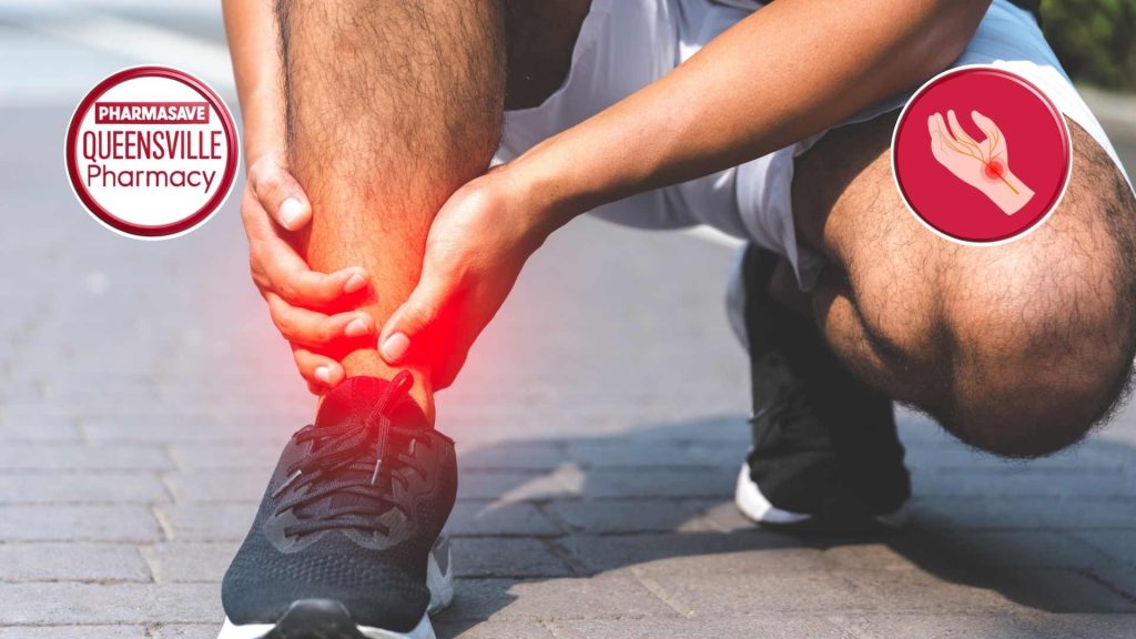 Man holding right ankle, obvious discomfort in calf muscle.