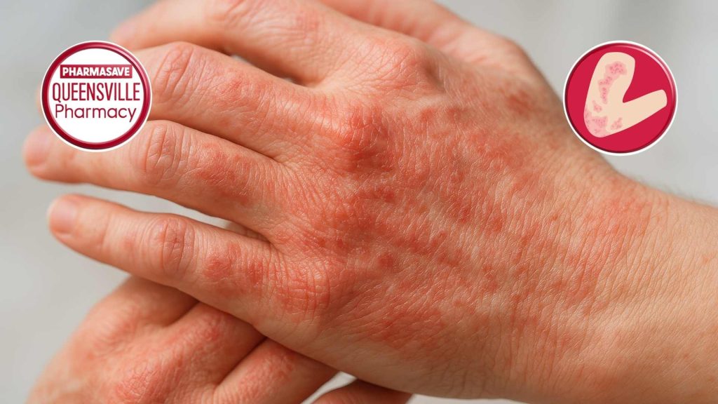 Close-up of a man's hands, the back side of the left hand showing dermatitis.