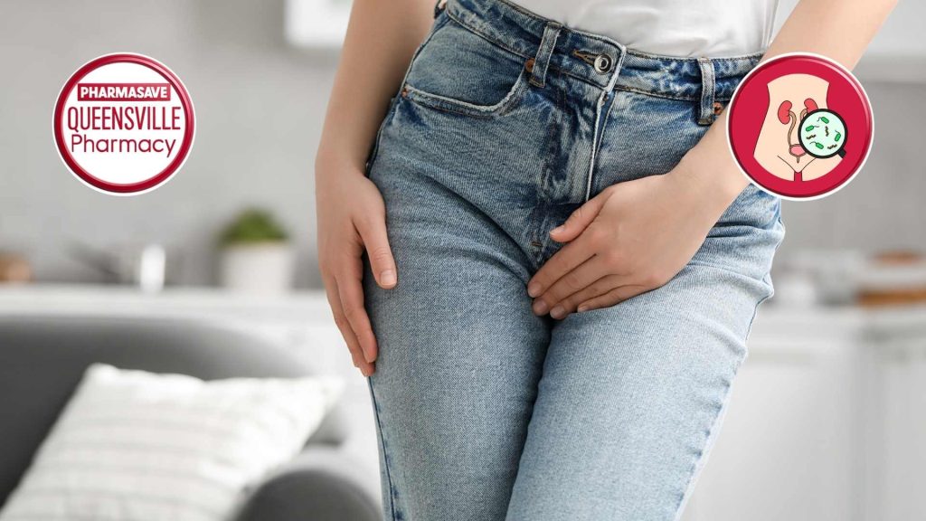 Woman with hand on crotch showing discomfort.
