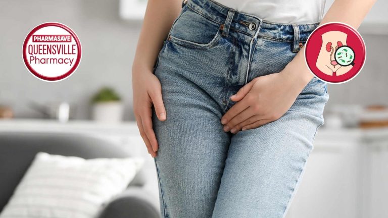 Woman with hand on crotch showing discomfort.